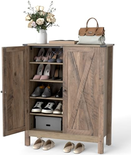 COSTWAY Wooden Shoe Cabinet, 6-Tier Farmhouse Shoe Cupboard with Double Door and Adjustable Shelves, Freestanding Footwear Rack Shoes Storage Organiser for Hallway Entryway, 80x36x100cm (Old Oak)