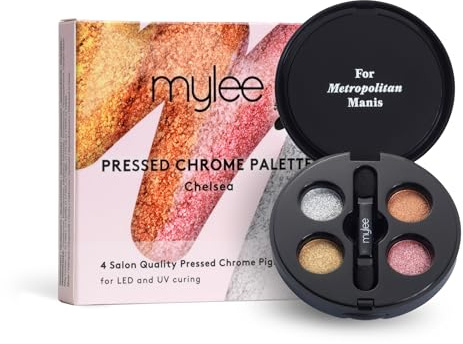 Mylee Pressed Chrome Nail Powder Palette [Chelsea] - 4 Chrome Shades (Gold, Bronze, Rose Gold, Silver) – Easy Application, Mirror-Shine Finish, Dual-Ended Applicator Included