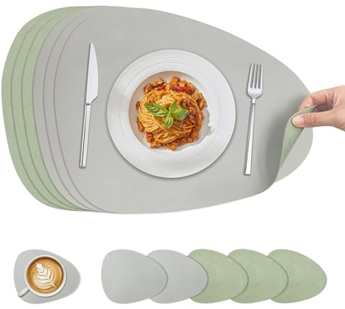 KitchenBoss Manteles Individuales Salvamanteles, Mantel Individual y Posavasos para Cocinas, Mesas de Comedor y Oficinas, Verde + Gris, 40x30cm, 6 Set