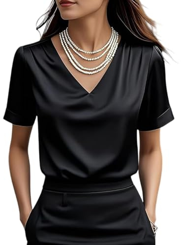 Chemisier Femme Manche Courtes Chic Et Élégant Blouse Satinée Femme Col en V Chemisier Satin Doux Top De Bureau Tunique Shirts Haut Soie pour Fête,Mariage,Soirée Cocktail 01-Noir XL