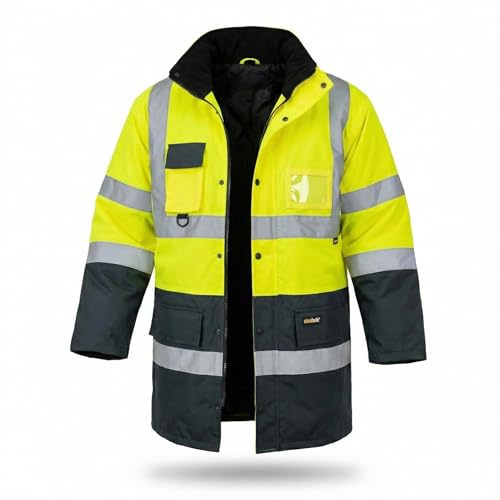 VINTIKA Hi Vis Waterproof Jacket Traffic Coat Reflective Safety Parka Padded & Insulated Hooded Workwear - L