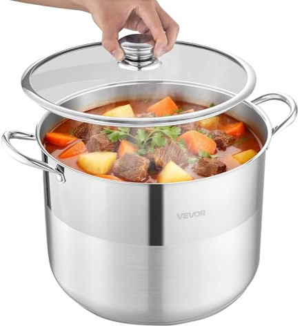 VEVOR Olla de Acero Inoxidable Capacidad de 15,1 L, Olla con Tapa de Vidrio y Asas Diametro de 32 cm, Ligero para Transportar, con Base de 5 Capas, Grande y Resistente, Ideal para Sopas, Guisos