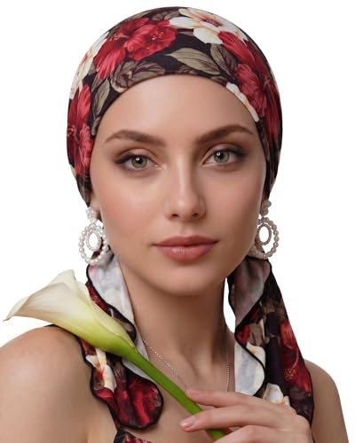JUVTO Women's Pre-Tied Chemo Head Scarf, Soft Breathable Cancer Turban for Hair Loss, Slip-On Head Covering (Garnet Truffle)
