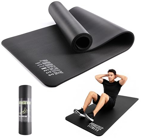 Phoenix Fitness RY1068 Exercise NBR Fitness Yoga Mat - Double Sided Anti Slip High Density Floor Mat, 185 x 61 cm - 15mm Thickness, Carry Strap, Black