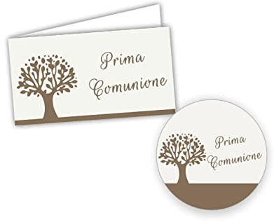 Gicaprice BIGLIETTINI BOMBONIERA PRETAGLIATI Facili da Stampare con Guida, Oppure SCRIVIBILI A Mano+ Etichette Chiudi Busta CORDINATI Prima Comunione (60 Biglietti + 60 Etichette Albero della Vita)