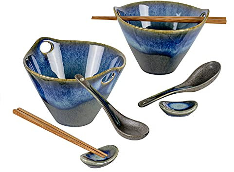 UNICASA Japanese Ceramic Soup Bowls, Ramen Bowls with Spoons Forks and Chopsticks, Tableware Noodle Bowl Sets for Cereal, Salad, Soup - 2X 600ml