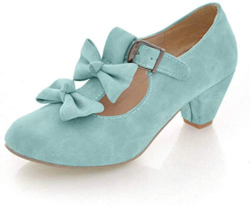 MFairy Woman's Low Heel Vintage Lolita Shoes Cute Bowknot Mary Jane Shoes Blue