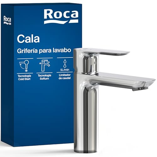 Roca Cala Grifería para lavabo con tecnología Cold Start, grifo monomando de repisa con enlaces de alimentación flexibles, mezclador para cuarto de baño de fácil instalación, cromado, A5A326EC00