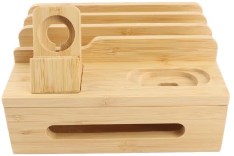 Bambu Laddningsstation Organizer, Multi Devices Laddstation Laddningsstation Stativ med 5 Portar, Bamboo Dekorativ Laddningsstation