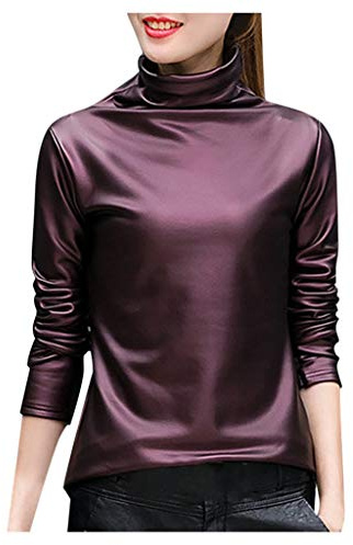 Satin blus damer glänsande – satin sidentoppar enfärgad polotröja undertröja eleganta skjortor långärmade blus tunika skjorta toppar, vin, M