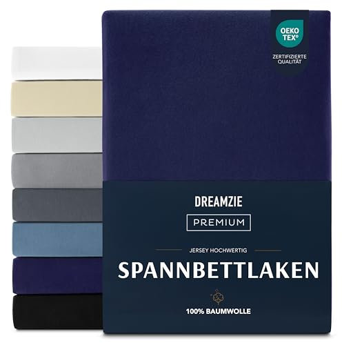 Dreamzie Premium Spannbettlaken 180x200 cm, Spannbetttuch für Dicke Matratzen bis zu 27 cm, Bettlaken 100% Jersey Baumwolle, 150 g/m², Oeko-TEX Zertifiziert - Dunkelblau
