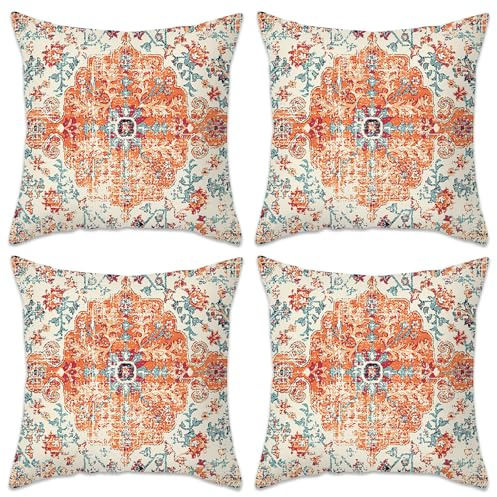 Betadistor Boho Cushion Covers 45cm x 45cm Set of 4 Pumpkin Red Print Decorative Throw Pillow Covers 18x18 inches Soft Square Cushion Cases for Living Room Sofa Couch Bed, Pumpkin Red, 512-0234