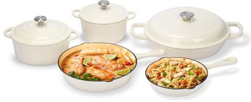 GFTIME Enamel Cast Iron Cookware Set – 8 Piece Non-Stick Casserole and Frying Pan Set with Lids, Dutch Oven, Skillet, Saucepan for All Hob Types, Ideal for Bread Baking, PFA Free, White