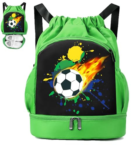 YOUYIKE Bolsa de natación infantil, diseño de fútbol y arco iris, compartimento inferior, mochila impermeable, bolsa deportiva con cordón