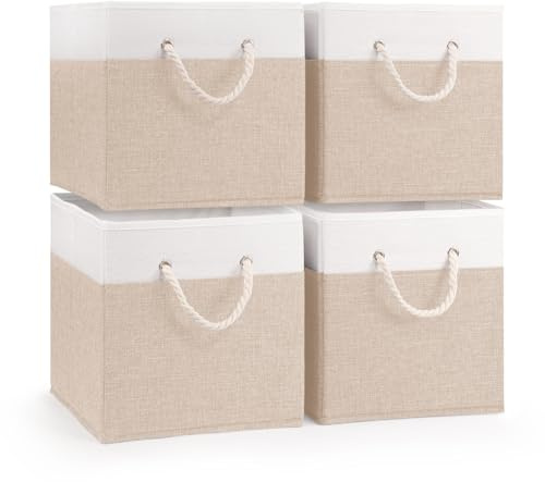 woodluv Storage Cube Boxes Large, Set of 4 Foldable Storage Basket for Cupboards, Shelves, Closet, Set of 4, Beige, 25 x 25 x 25 cm