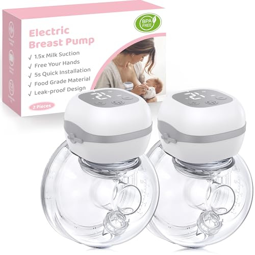 Sacaleches Electricos Manos Libres -Ligero Extractor de Leche Materna Portátil, Sin BPA, Pantalla LCD, 3 Modos y 12 Niveles, con Brida 21/24mm, 2 Piezas