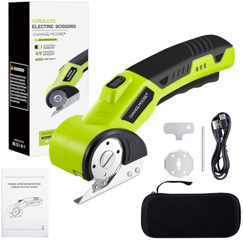 CHANGEMOORE 5V Cordless Electric Scissors for Cutting Fabric Cardboard, Replacement 1 Blade, LED Light & Safety Lock, Charger, Storage Box, Rotary Cardboard Cutter for Box, Plastic, Carpet A