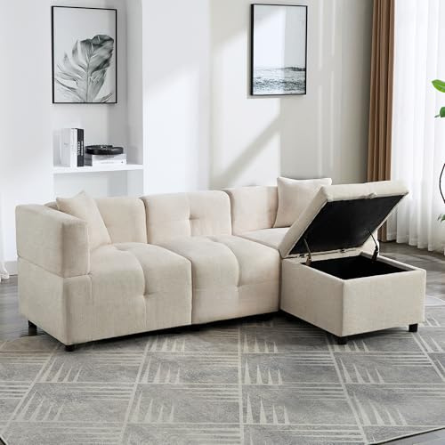Sofá de 3 plazas, sofá de esquina con espacio de almacenamiento, sofá esquinero en forma de L con reposapiés extraíble y 2 almohadas, adecuado para sala de estar, oficina, etc