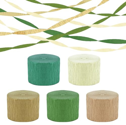 5 Rotoli Carta Crespa Colorata,Decorazioni Festoni Stelle Filanti per Compleanni Matrimoni Feste in Giardino baby shower, decorativa nastro carta crespata(verde oliva, verde erba, kaki, bianco, oro)