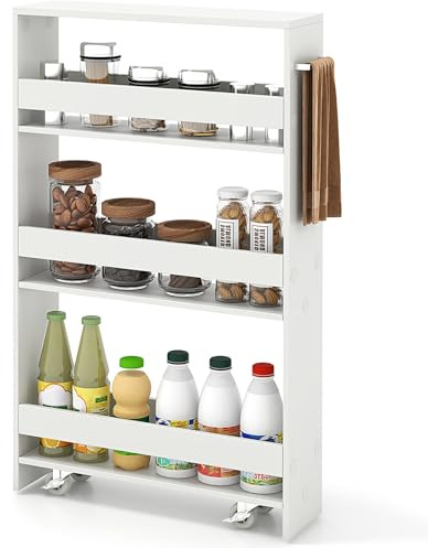 FANTASK Nischenregal 13cm breit, Nischenwagen 4 Etagen mit Griff & Geländern, Küchenschrank auf Rollen, Servierwagen Schmal für Küche, Badezimmer, 47,5x13x80,5cm (Reines Weiß)