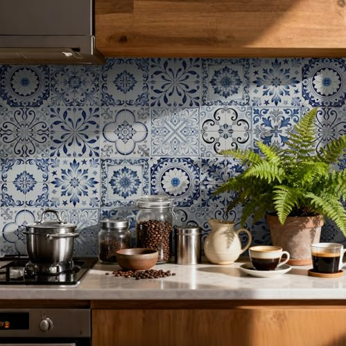 Tile Stickers for Kitchen 24 pcs Stick on Tiles Kitchen Bathroom Self | Adhesive Peel and Stick Wall Waterproof Oil-Proof (10cm x 10cm, 4x4inches) for Floor Stairs Furniture(BLUE WHITE 2)