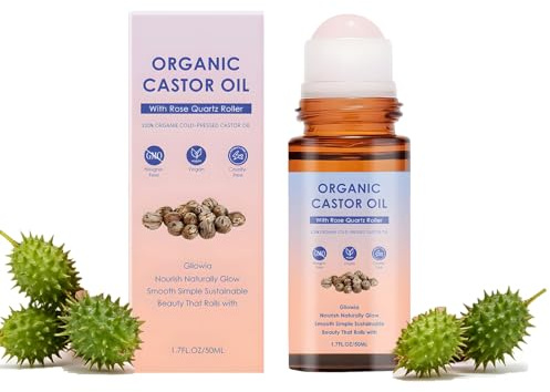 Ekologisk ricinolja med rosenkvartsrulle – naturlig ricinolja rulle för ansikte, kropp och hår, ricinolja organic kallpressad, massageolja för djuphydrering och utjämning, för alla hudtyper (1 st)