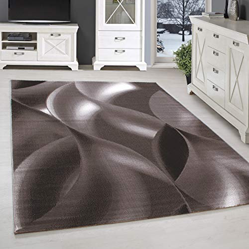 SIMPEX Kurzflor Teppich, Abstrakt Wellen Design, Teppich Braun, 200 x 290 cm, Teppich modernen Stil, Teppich Wohnzimmer