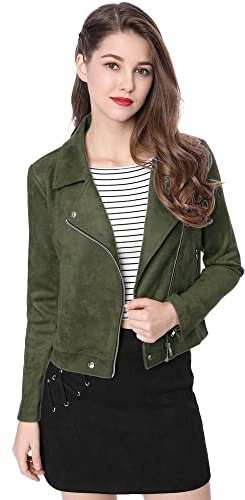 Allegra K - Chaqueta corta de moto, ante sintético con cremallera para mujer Verde verde oliva M