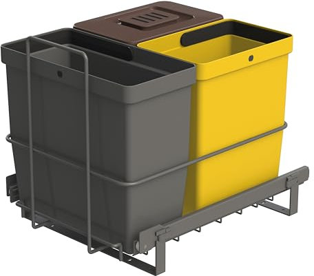 LM 64/3a - Pattumiera da incasso allungabile con 3 pattumiere (1 x 11 l, 2 x 8 L) nei colori grigio antracite, giallo, marrone, sistema di raccolta differenziata per la cucina, armadietto, 32,8 x 43,3