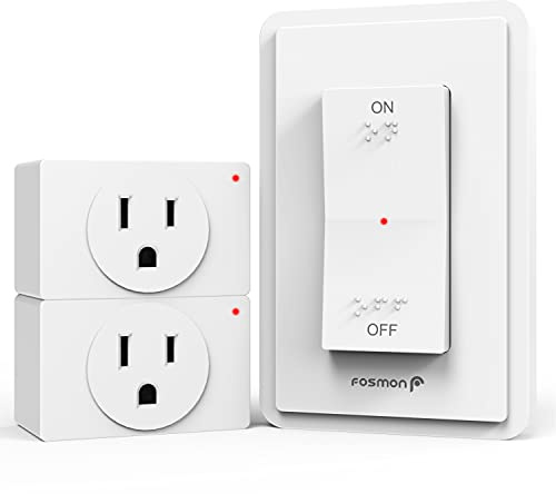 Fosmon Wireless Remote Control Electrical Outlet Switch (2 Pack) - ETL Listed, (15A, 125V 1875W) Remote Light Switch Outlet Plug with Braille (On/Off) Mark for Lamp, Lights, Fans, Expandable