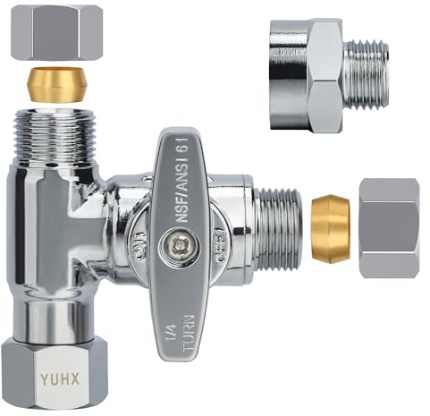 YUHX Brass Angle Stop Add-A-Tee Valve, 3/8 Inch Compression Outlet Easy Connect 3 Way Diverter 3/8x3/8x1/4 or3/8Ice Maker RO System T