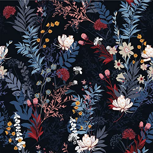 VEELIKE Black Flower Wallpaper Self-Adhesive Blue Leaf Contact Paper Tropical Floral Sticky Back Plastic Botanical Wall Mural Jungle Vinyl Wrap for Furniture Sticker Bedroom Livingroom 44.5cm×300cm