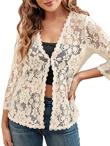 BENANCY Women's 3/4 Sleeve Bolero Shrugs Crochet Lace Open Cardigan Apricot XL
