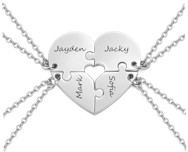 PiercingJak Personalized Best Friend Necklaces for 4 BFF Friendship Necklace Engraved Puzzle Matching Heart Necklace for Best Friends Birthday Christmas Gifts for Women Family Friends Silver