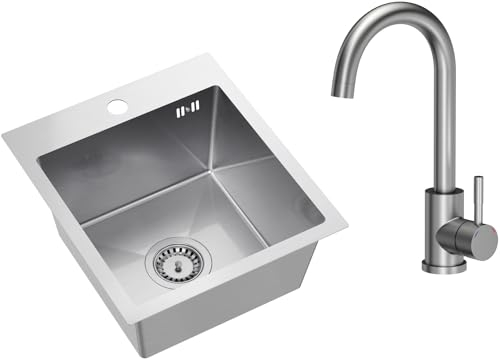 VBChome Edelstahlspüle mit Armatur 40 x 45 cm Gebürsteter Edelstahl Einbauspüle mit Hahnloch Edelstahl Küchenspüle Spüle Groß Becken Ablaufgarnitur Siphon Edelstahlspüle Gebürstet mit Armatur Inox