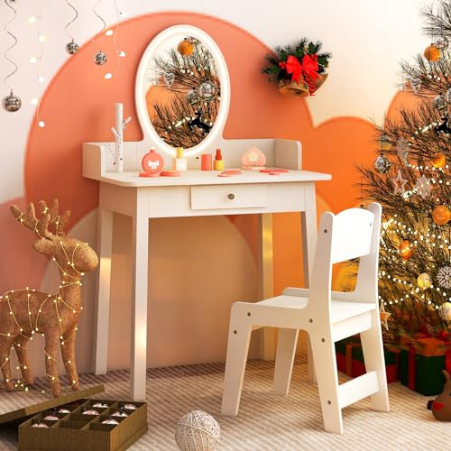 Costzon Kids Vanity, Girls Vanity Set with Mirror and Stool and Lights, Drawer, Jewelry Rack, 2 in 1 Wooden Princess Makeup Desk Dressing Table, Kids Vanity Table and Chair Set (White)