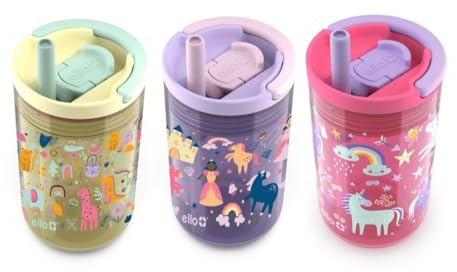 Ello Spill Resistant Tritan Tumbler With Removable Straw | Built In Carry Handle | 3 Pack (Animal/Princess/Unicorn)