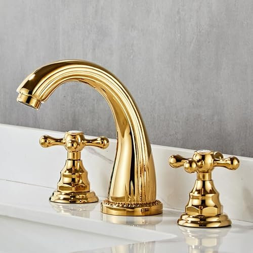 ZYCDP Grifo de Baño de Tres Orificios Dorado Grifo Mezclador con Dos Mandos en Cruz para Lavabo Mezclador Caliente y Frío de la Manija Doble
