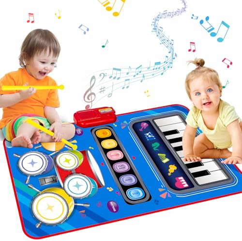 deAO 2 in 1 Musikmatte & Schlagzeug Elektronisch Drum Set, Baby Musikspielzeug mit 6 Liedern, 2 Trommelstöcke, Einstellbare Lautstärke, Piano Matte Tanzmatte Geschenk für Kinder 1-5 (Blau, 50*80CM)