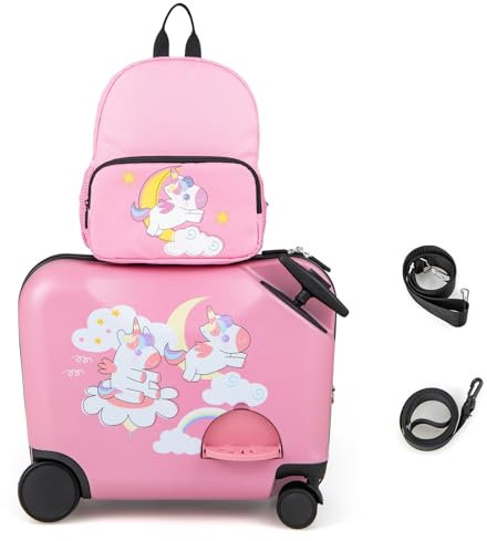 COSTWAY Juego de Maleta Infantil para Niños, Equipaje de Viaje con Ruedas Giratorias, 18” Maleta y 12” Mochila, Maletas Infantiles Cabina Trolley con Correa de Transporte (Unicornio, Rosa)