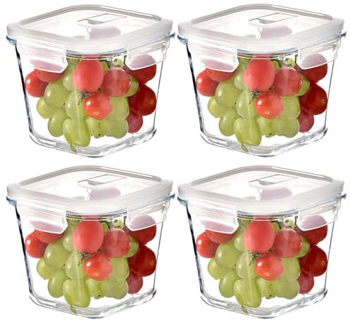 H.JSS WDJS Lot de 4 boîtes de rangement carrées en verre pour 4 tasses avec couvercles hermétiques, bols de préparation des repas, bocaux de rangement pour salade et fruits, four, micro-ondes,
