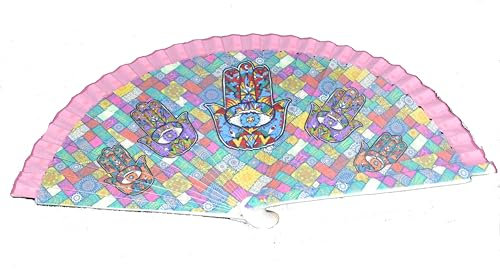 Z&H OJO TURCO ROSA (tipo2) - Mano de fátima, Abanico de madera rosa y morado, Diseño de parches, Protección, 5 ojos turcos.