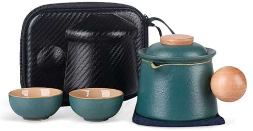 fanquare Juego de Té de Porcelana Juego de Té de Viaje Mini Portátil Verde Tetera de Kung Fu China con Infusor Bolsa de Almacenaje para Exteriores