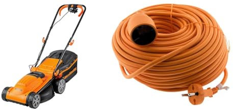 LawnMaster MEB1434M Tondeuse et tracteurs 1400W 34cm, 6 Hauteurs Réglable 20-70mm, 32L Bac de Ramassage 2 Ans de Garantie & Prolongateur 16A HO5VV-F 2X 1,5 2P sans Terre Orange 40m - Zenitech