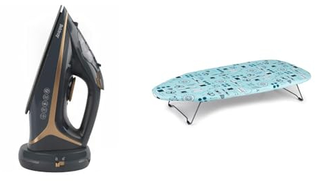 Beldray 2-In-1 Cordless Steam Iron - Ceramic Soleplate, Vertical Steam Iron, 300 ml Water Tank & LA023735SEW Small Tabletop Ironing Board - 73 x31cm, Sewing Accessory Print