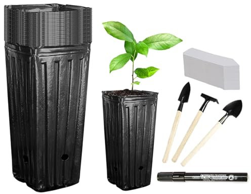 Qianderer 74PCS Tall Tree Pots, Plastic Deep Nursery Treepots with Drainage Holes Flower Container for Indoor Outdoor Garden Plants (Black, 7cmx9cmx20cm)