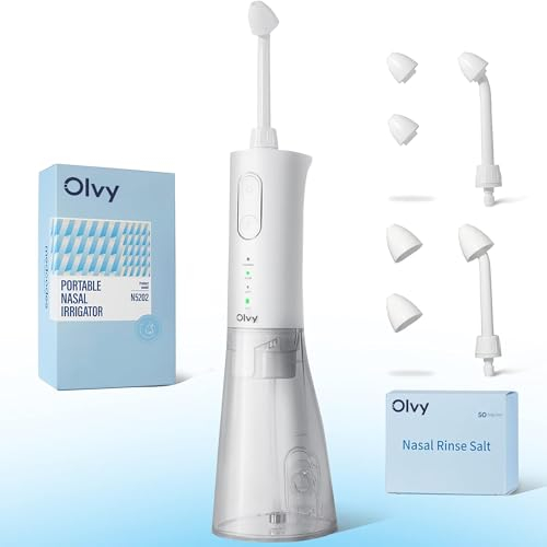 Olvy Elektrisch Nasendusche, Elektrischer Neti Pot, Nasales Bewässerungssystem, kabellose Nasenspülmaschine, elektrische Neti-Kanne mit 50 Salzpäckchen