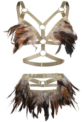JNGUOSICN Women Bra Set Feather Skirt Feather Body Harness Set Women’s Punk Goth Lingerie Halloween Waist Belt Elastic Cage Garter Belt Gothic Rave Wear Women Sexy Lingerie Strap Leg Belts Brown