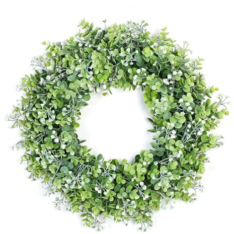 UXORSN Couronne D'eucalyptus Artificielle pour Porte D'entrée 51cm Printemps Couronne de Feuilles Vertes Fleurs Blanches Bienvenue Suspendre Décor pour Salon Mariage Fenêtre Porte D'entrée