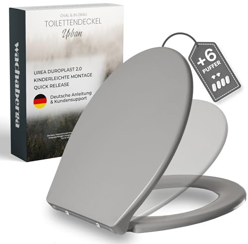 Toilettendeckel mit Absenkautomatik Grau - WC Sitz Oval mit Edelstahl Scharniere für sehr festen Halt - Klodeckel Manhattan Grau aus langlebigem Urea-Duroplast - inkl. 2 Montage-Sets & 6 Extra-Puffer